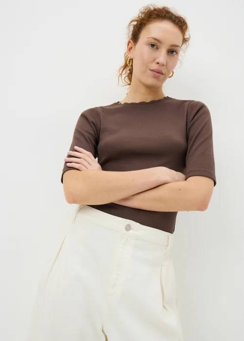 Chocolate Brown Neck Trim Fitted T-Shirt - 12 Image 2