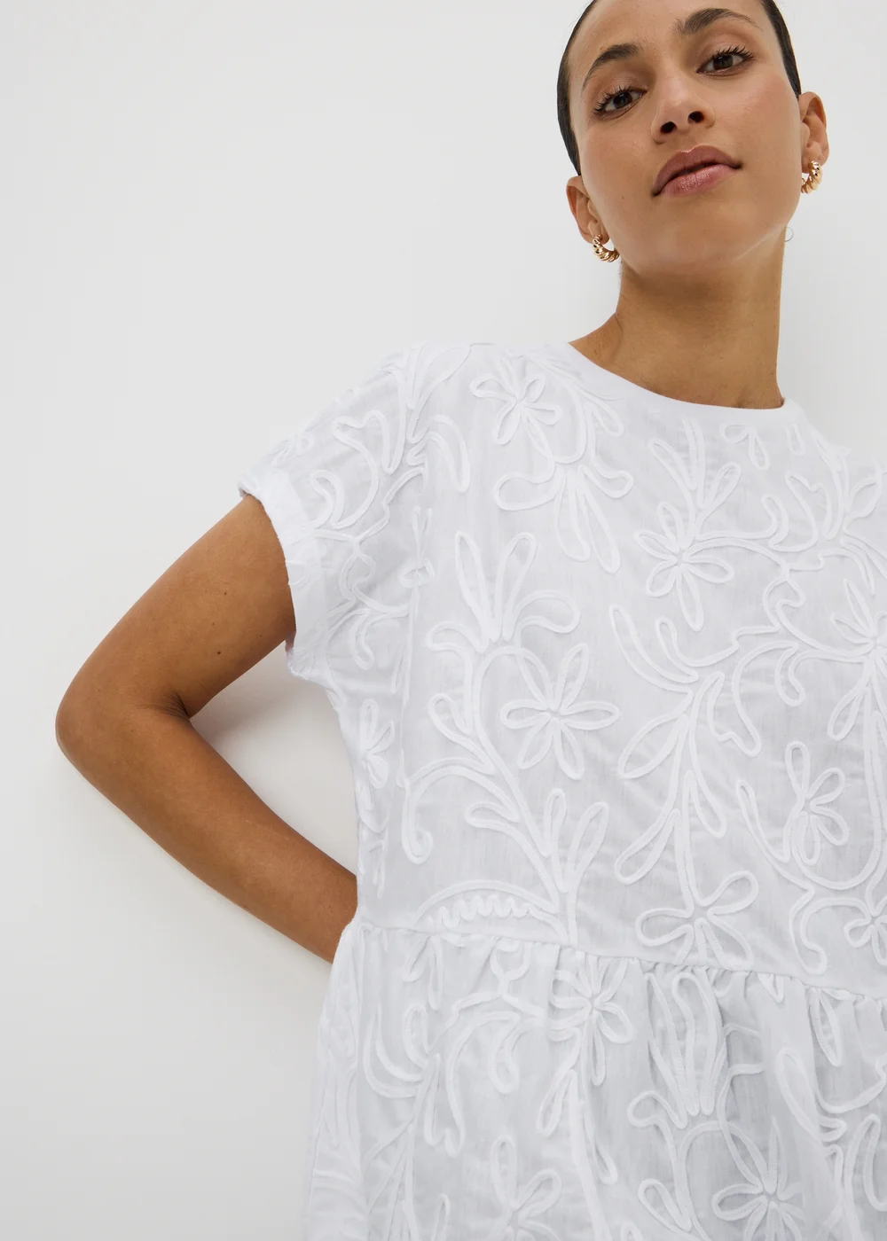White Floral Textured Peplum T-Shirt - 22 Image 2