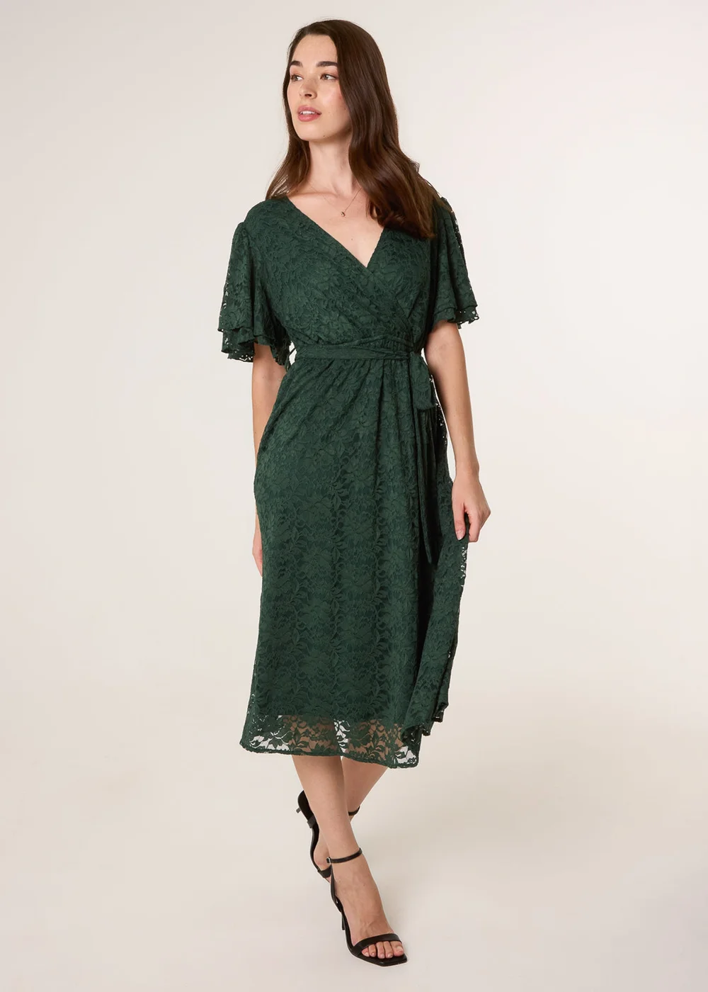 Blue Vanilla Green Double Angel Sleeve Lace Midi Dress - S Image 1