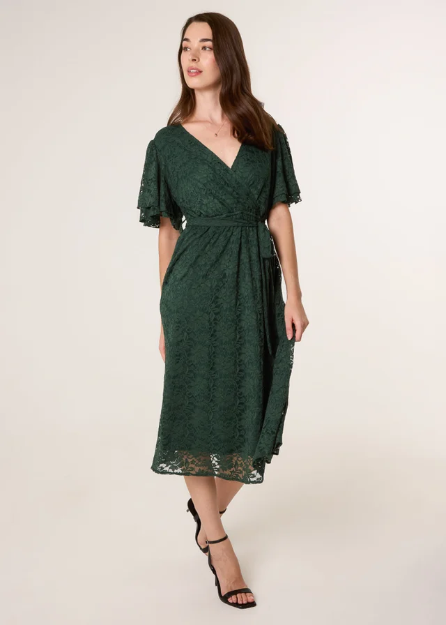 Blue Vanilla Green Double Angel Sleeve Lace Midi Dress