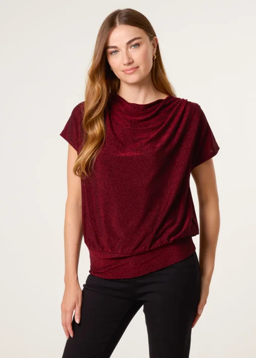 Blue Vanilla Burgundy Shimmery Cowl Neck Draped Top - L/XL Image 1