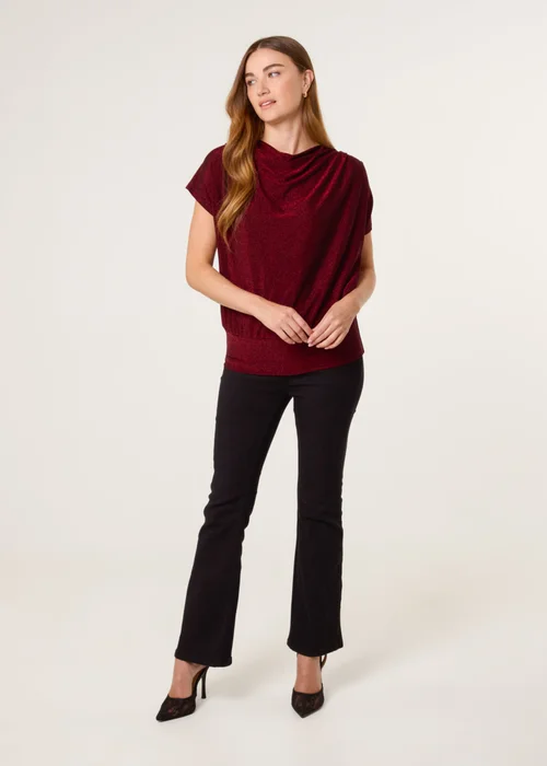 Blue Vanilla Burgundy Shimmery Cowl Neck Draped Top - L/XL Image 2