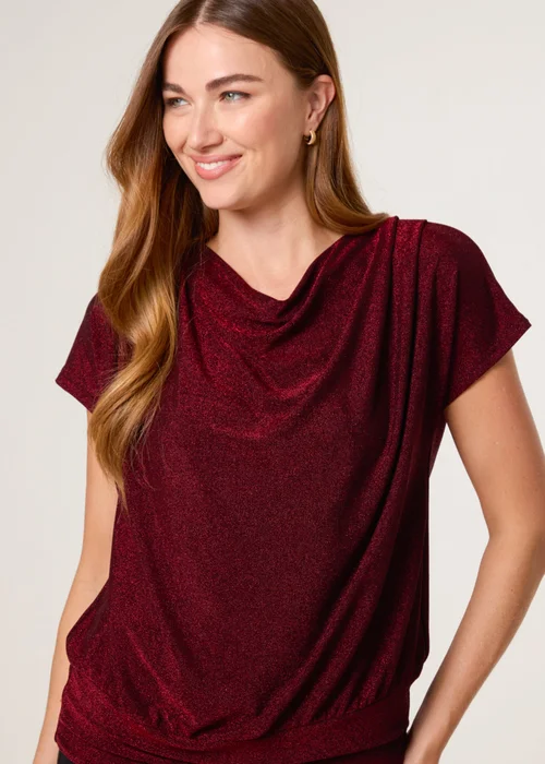 Blue Vanilla Burgundy Shimmery Cowl Neck Draped Top - L/XL Image 3