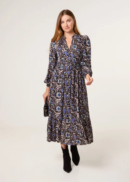 Blue Vanilla Black Paisley Shirred Waist Shirt Dress - S Image 4