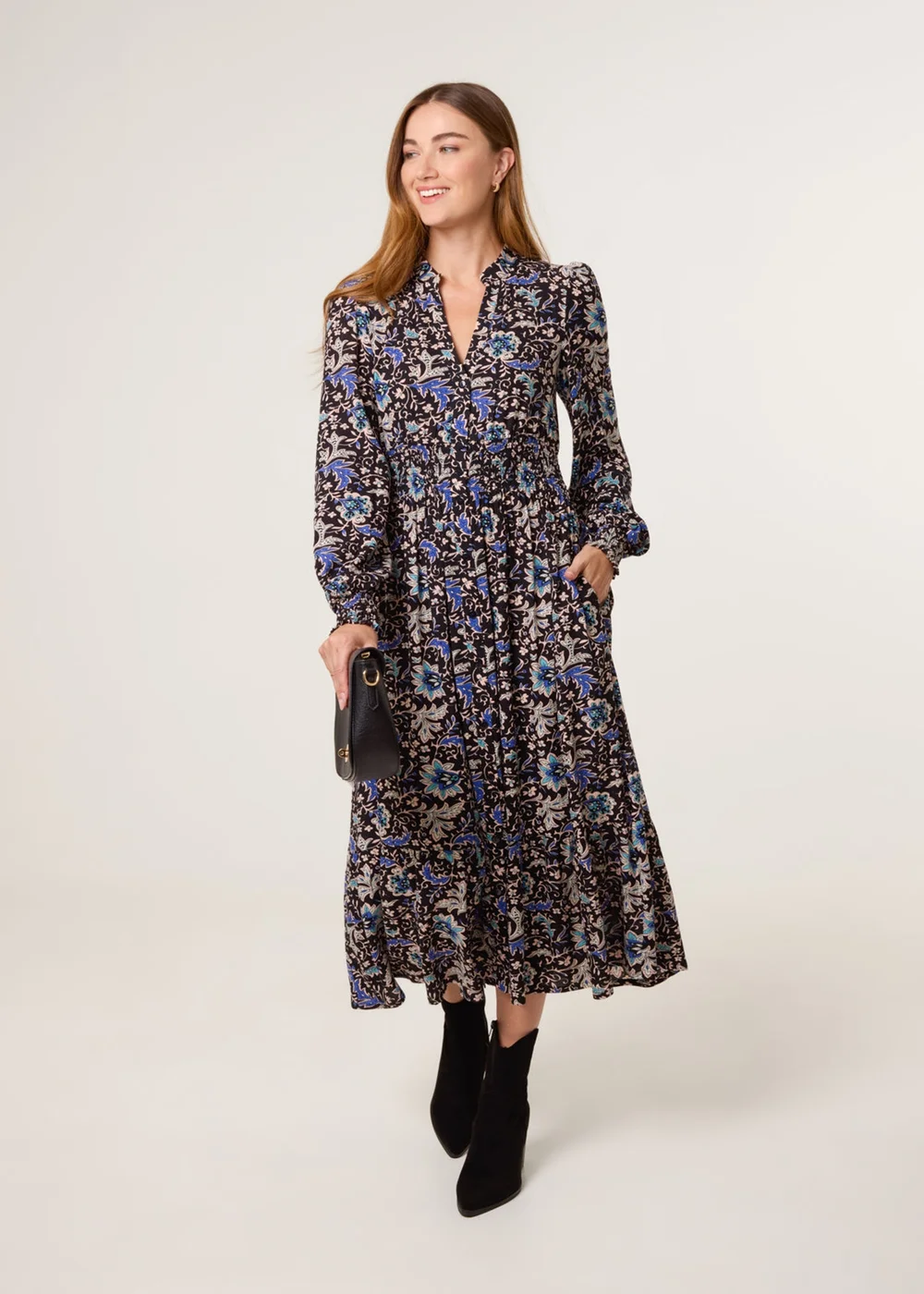 Blue Vanilla Black Paisley Shirred Waist Shirt Dress - S Image 1