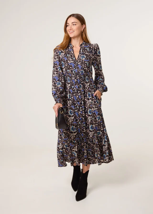 Blue Vanilla Black Paisley Shirred Waist Shirt Dress