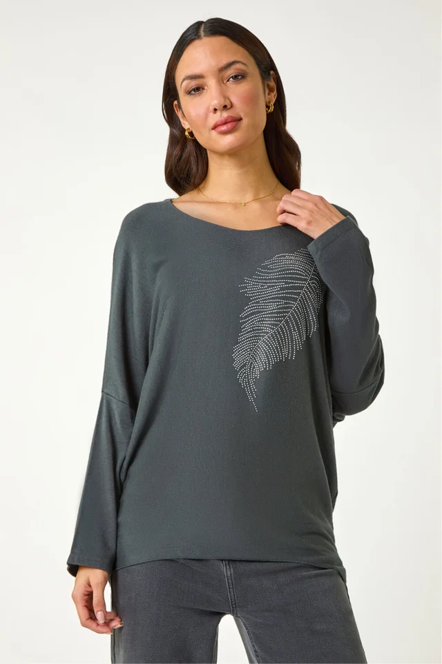 Roman Grey Hotfix Feather Stretch Knit Top