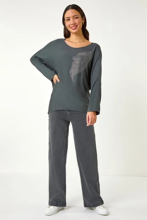 Roman Grey Hotfix Feather Stretch Knit Top - L Image 3