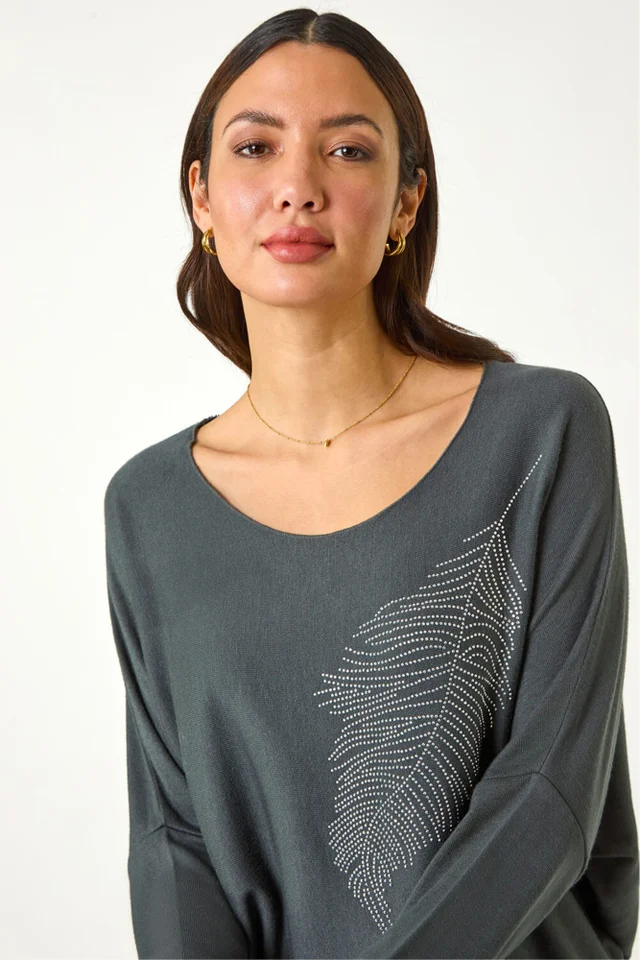 Roman Grey Hotfix Feather Stretch Knit Top