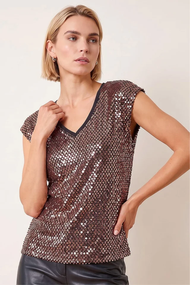 Roman Bronze Sequin V-Neck Stretch Top