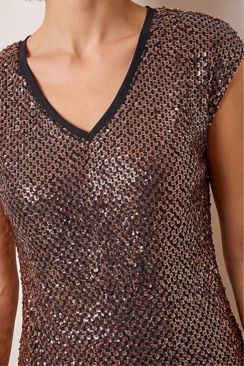 Roman Bronze Sequin V-Neck Stretch Top - 12 Image 4