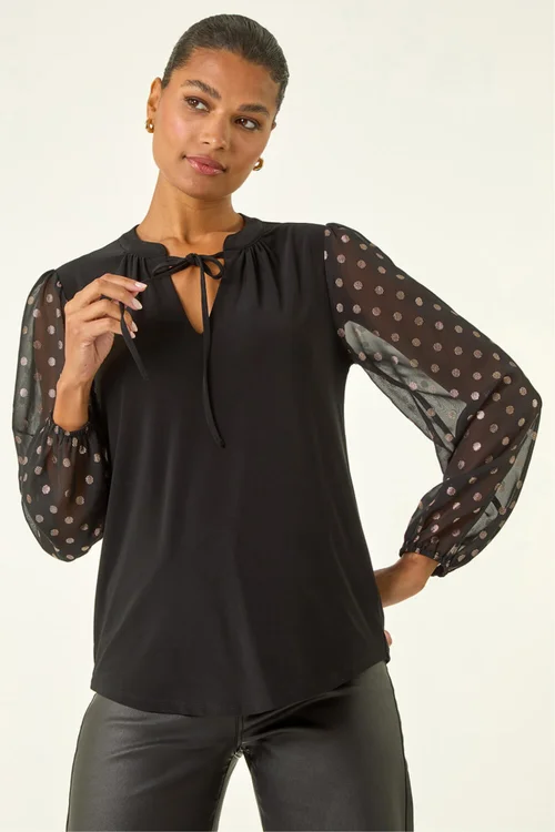 Roman Black Chiffon Foil Spot Top - Size 12 Image 4