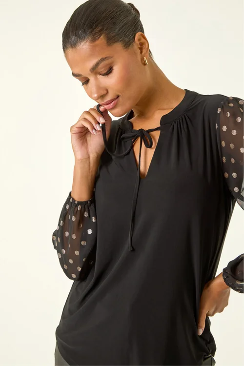 Roman Black Chiffon Foil Spot Top - Size 12 Image 1