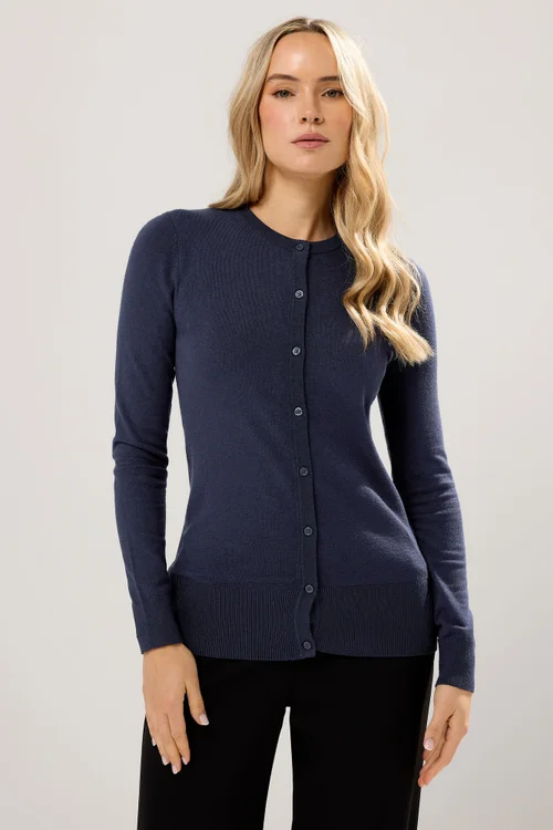 Long Tall Sally Navy Blue Crew Neck Button Cardigan - 8-10 Image 1
