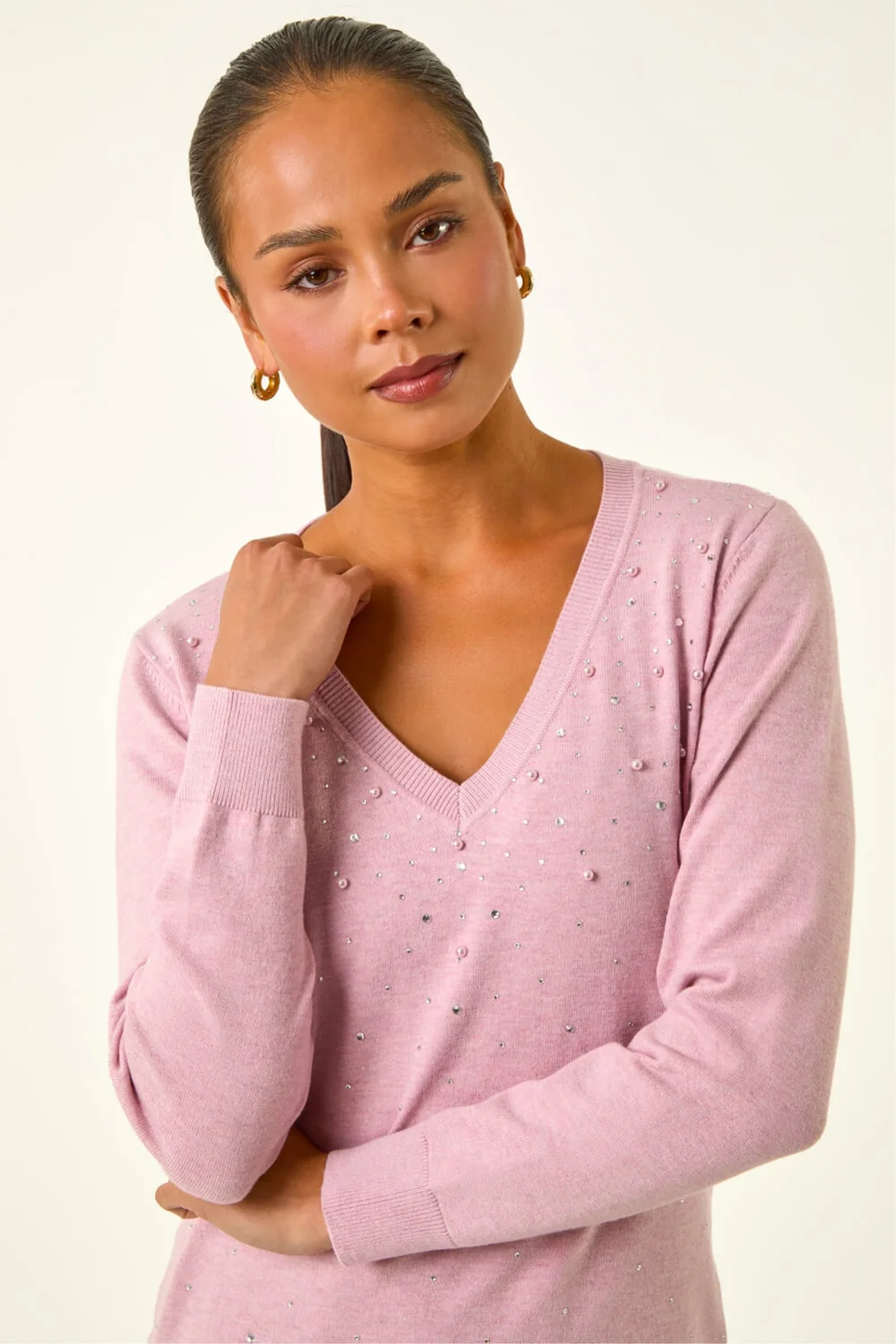 Roman Light Pink Petite Faux Pearl Embellished Knit Jumper - 16 Image 4