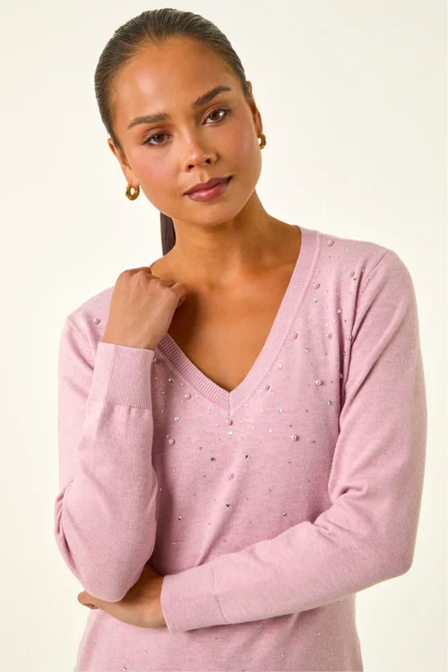 Roman Light Pink Petite Faux Pearl Embellished Knit Jumper - 16 Image 4