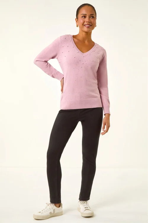 Roman Light Pink Petite Faux Pearl Embellished Knit Jumper - 16 Image 2