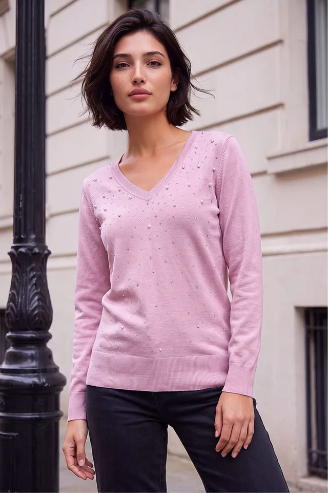 Roman Light Pink Petite Faux Pearl Embellished Knit Jumper