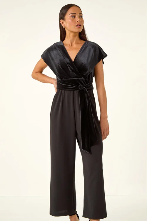 Roman Black Petite Velvet Contrast Jumpsuit - Size 14 Image 3