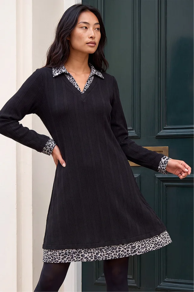 Roman Black Petite Leopard Collar Knit Dress