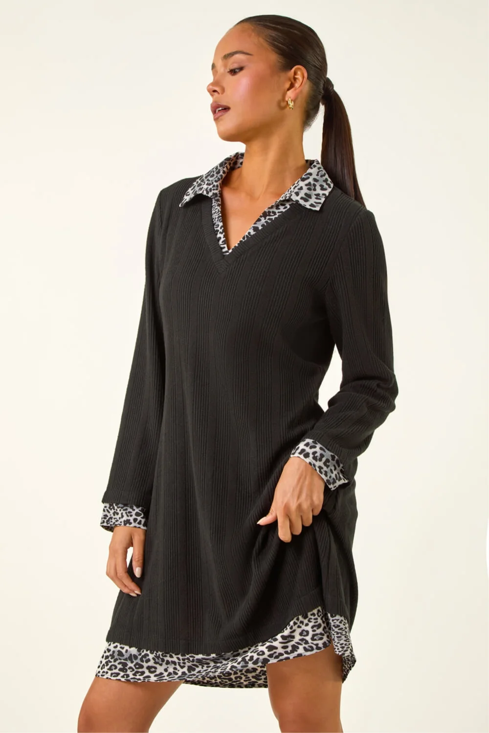 Roman Black Petite Leopard Collar Knit Dress - 8 Image 1