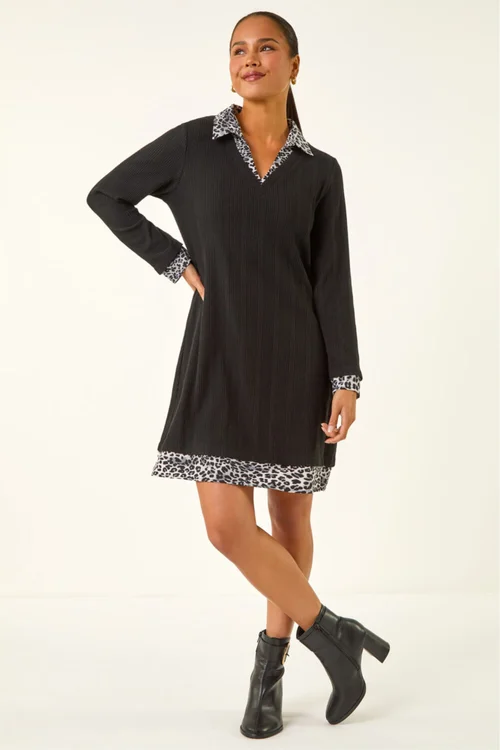 Roman Black Petite Leopard Collar Knit Dress - 8 Image 2