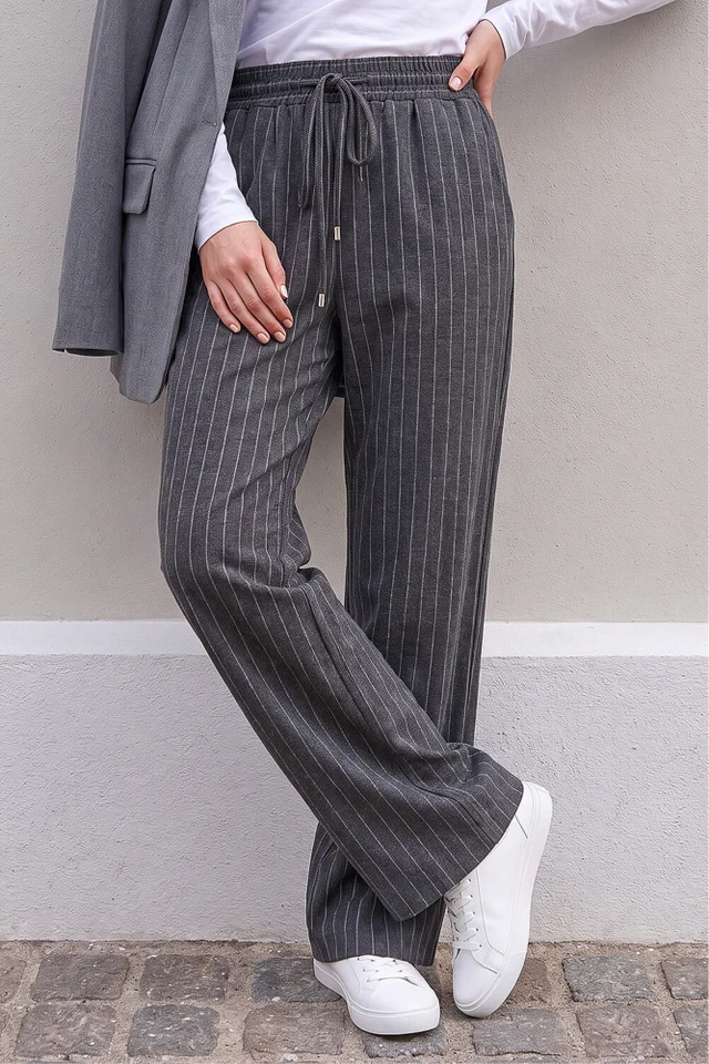 Roman Grey Petite Stripe Wide Leg Stretch Trouser