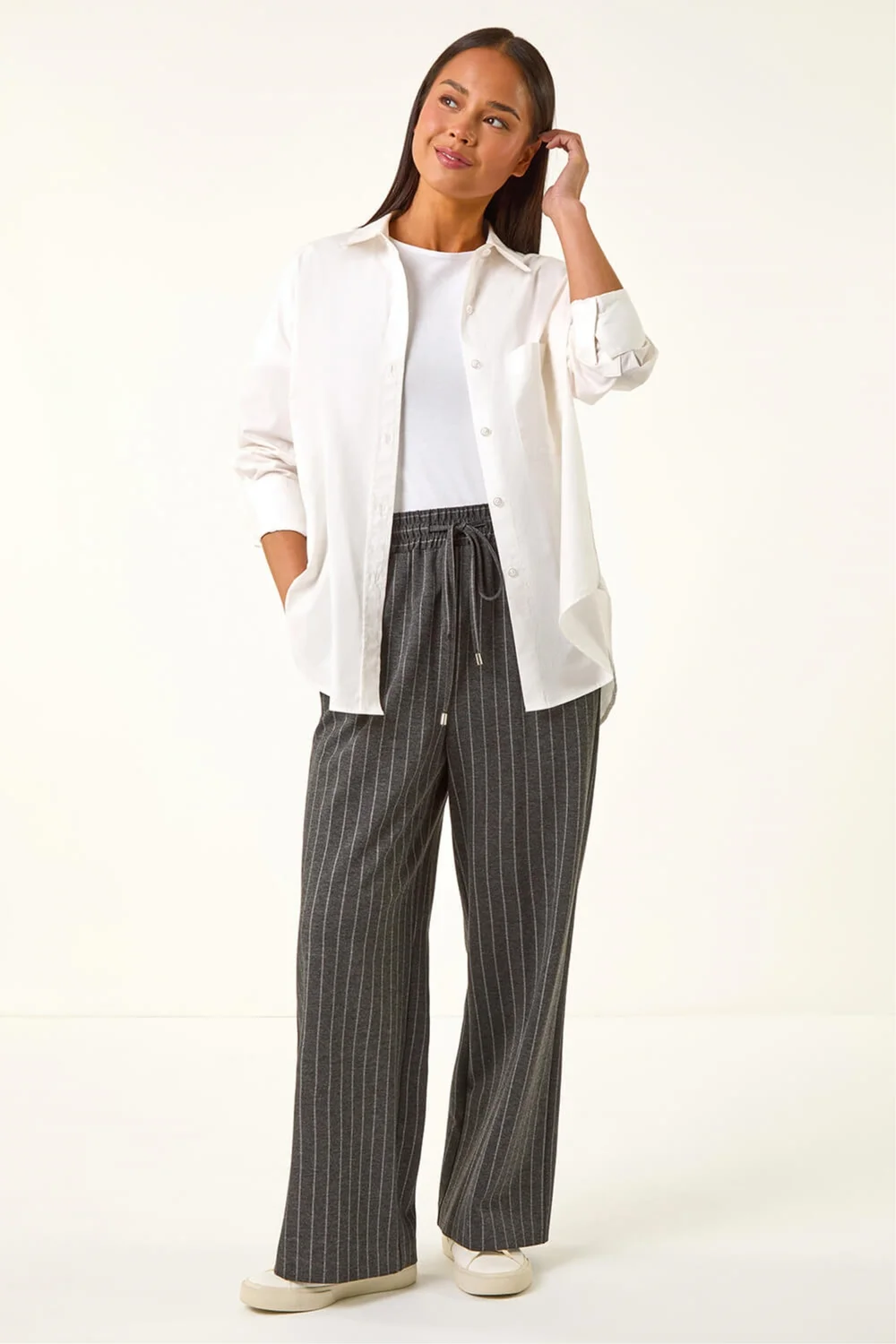 Roman Grey Petite Stripe Wide Leg Stretch Trouser - 12 Image 2