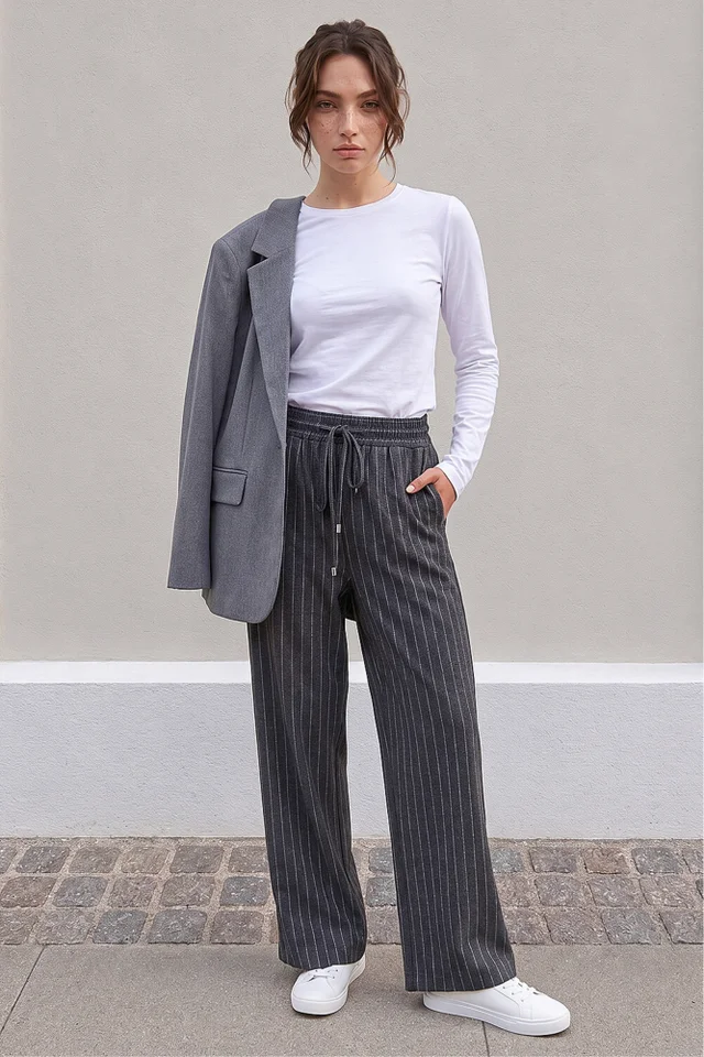 Roman Grey Petite Stripe Wide Leg Stretch Trouser