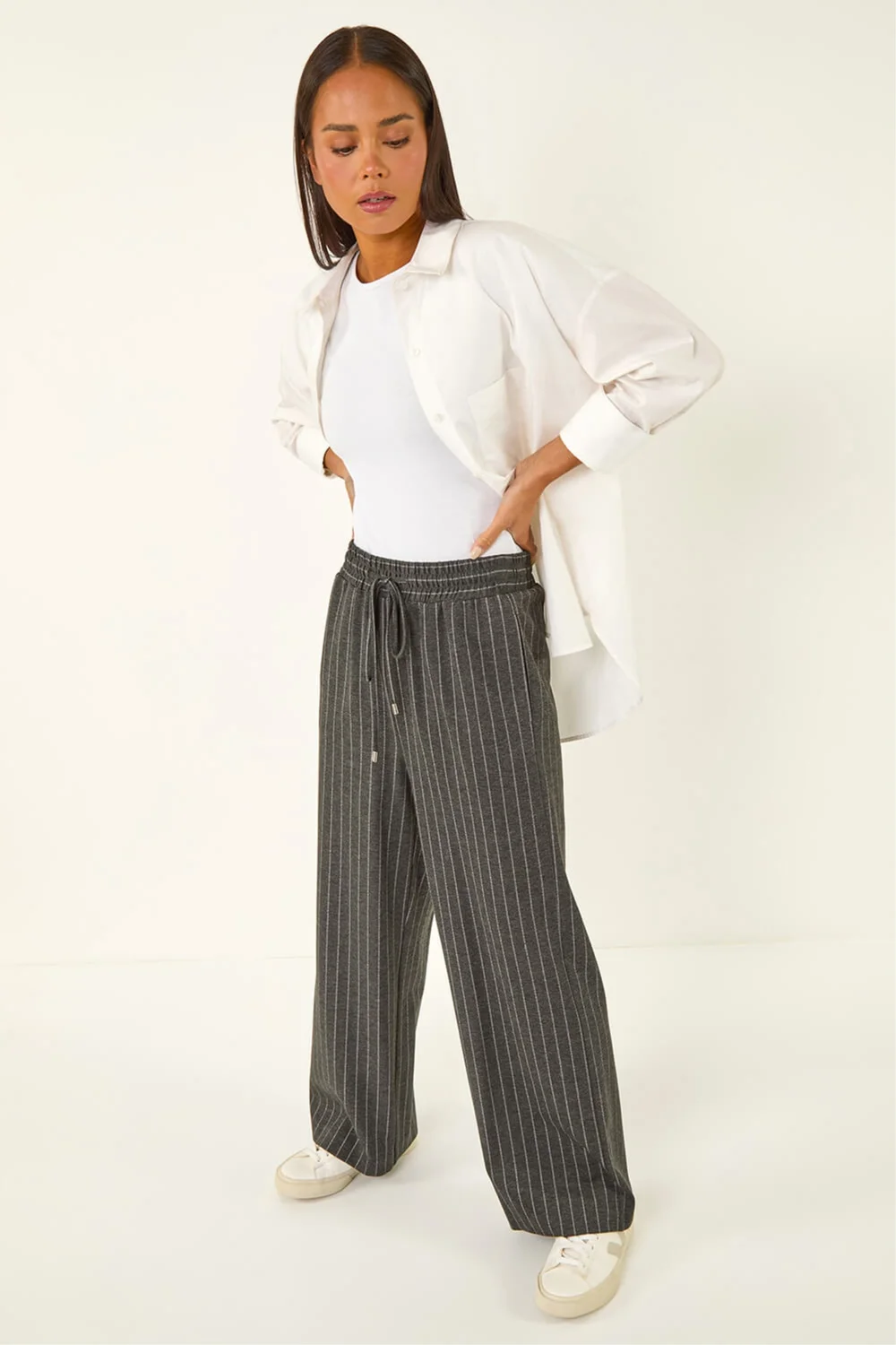 Roman Grey Petite Stripe Wide Leg Stretch Trouser - 12 Image 1