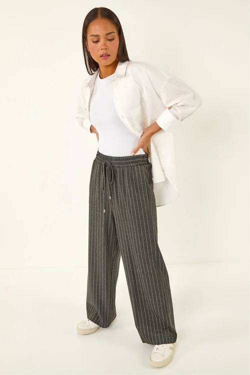 Roman Grey Petite Stripe Wide Leg Stretch Trouser - 12 Image 1