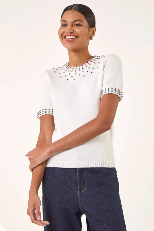 Roman Ivory Embellished Knitted Top - 12 Image 1