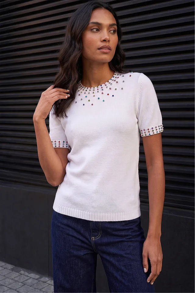 Roman Ivory Embellished Knitted Top