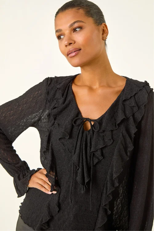 Roman Black Lace Ruffle Front Top - 20 Image 2