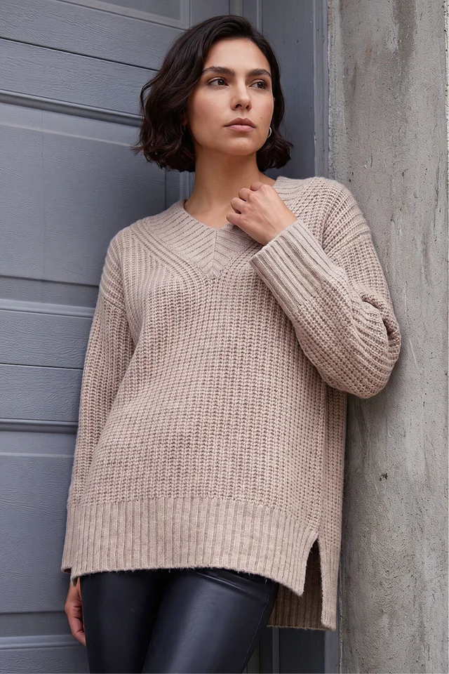 Roman Beige Chunky V-Neck Knit Jumper