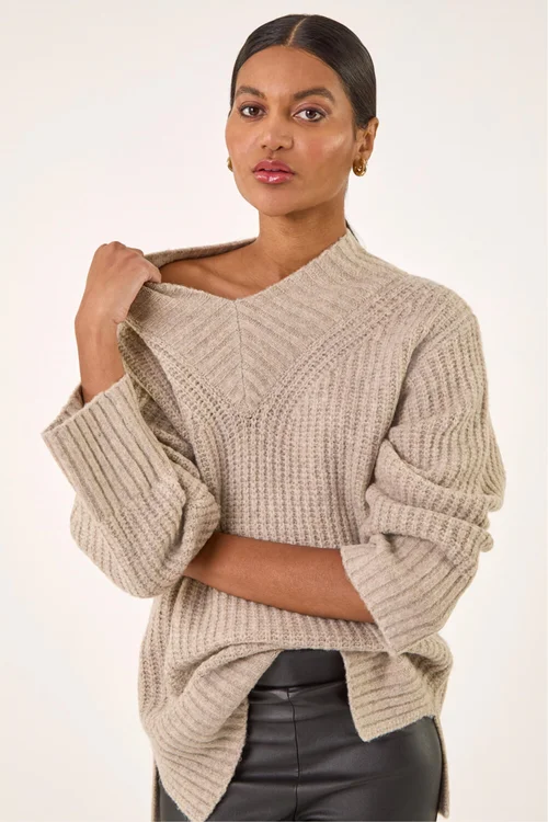 Roman Beige Chunky V-Neck Knit Jumper - 16 Image 4