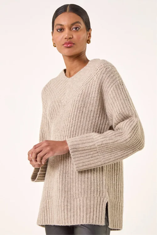 Roman Beige Chunky V-Neck Knit Jumper - 16 Image 1