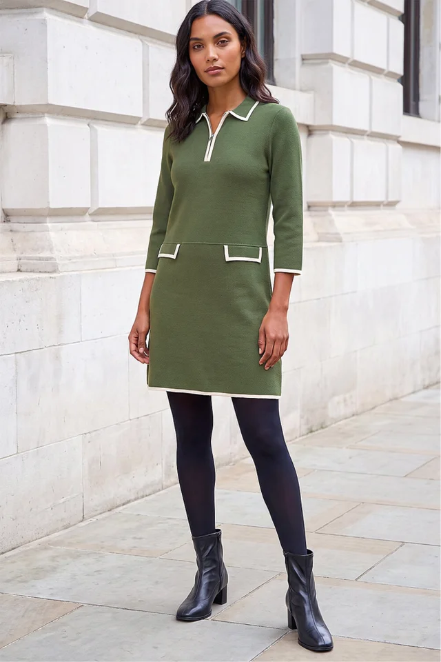 Roman Khaki Contrast Zip Collared Knit Dress