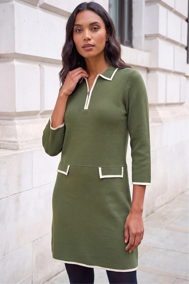 Roman Khaki Contrast Zip Collared Knit Dress