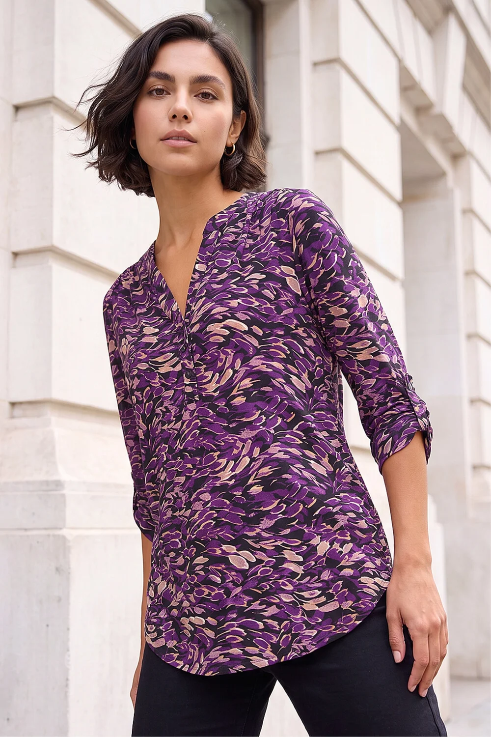 Roman Purple Abstract Print V-Neck Stretch Shirt - 14 Image 1