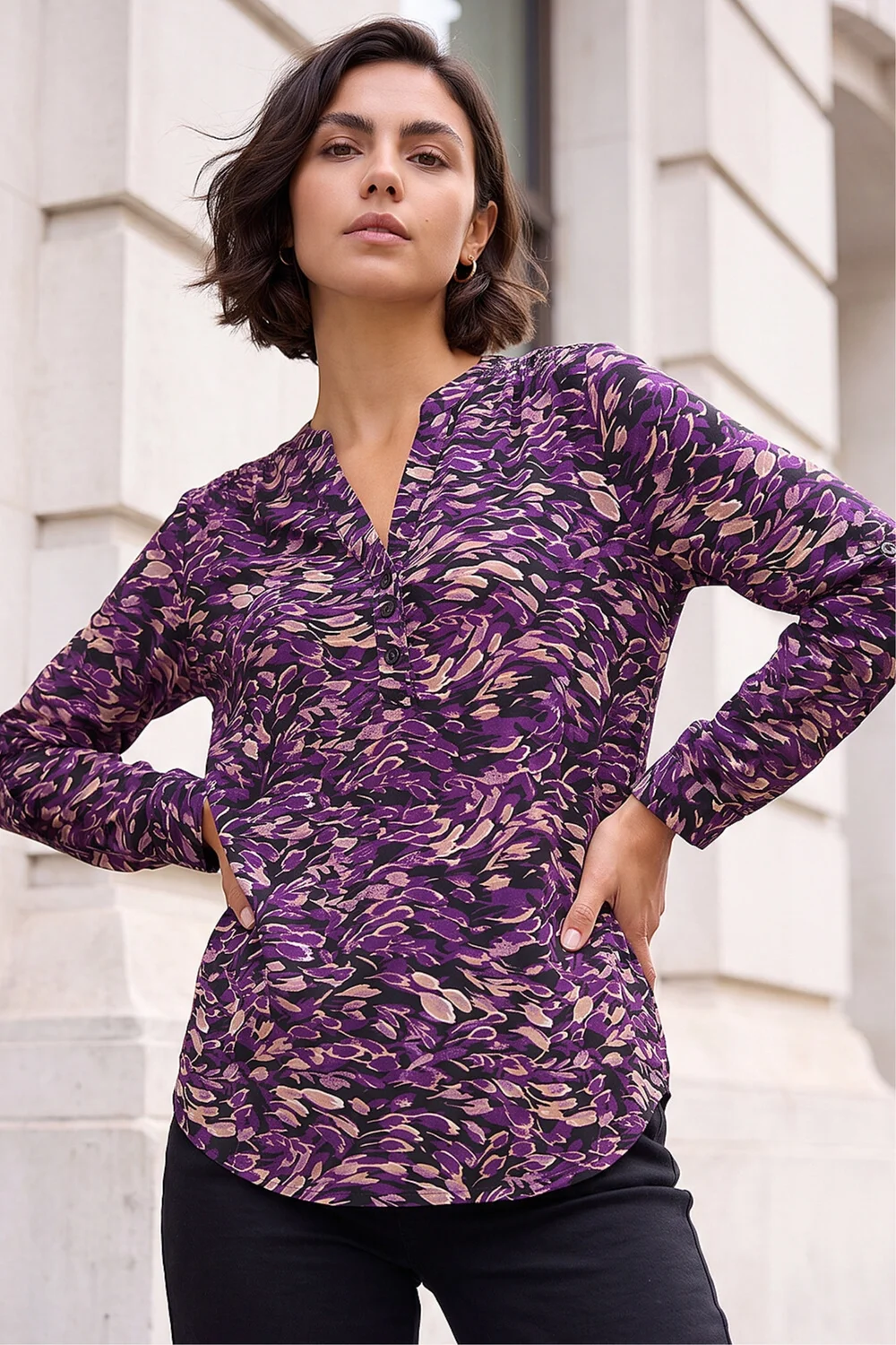 Roman Purple Abstract Print V-Neck Stretch Shirt - 14 Image 2