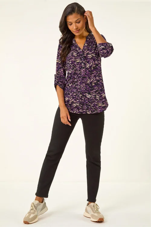 Roman Purple Abstract Print V-Neck Stretch Shirt - 16 Image 2