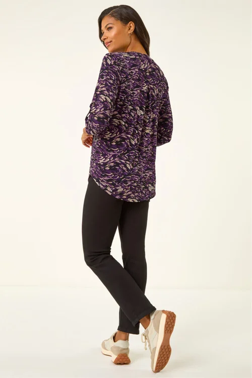 Roman Purple Abstract Print V-Neck Stretch Shirt - 16 Image 4