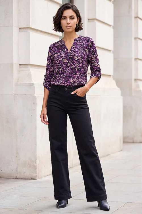 Roman Purple Abstract Print V-Neck Stretch Shirt - 14 Image 3