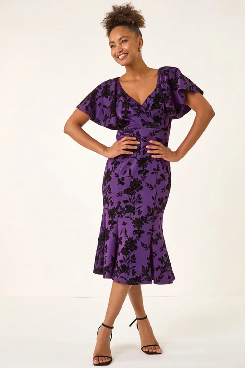 Roman Purple Glitter Floral Flocked Flutter Dress - 12 Image 2
