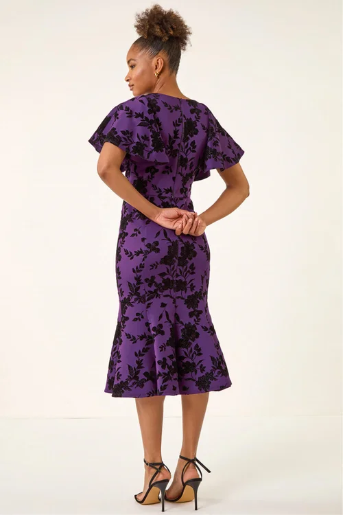 Roman Purple Glitter Floral Flocked Flutter Dress - 12 Image 4