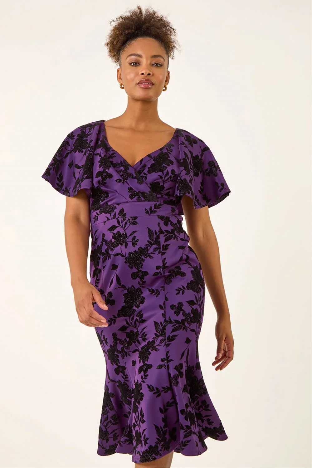 Roman Purple Glitter Floral Flocked Flutter Dress - 12 Image 3