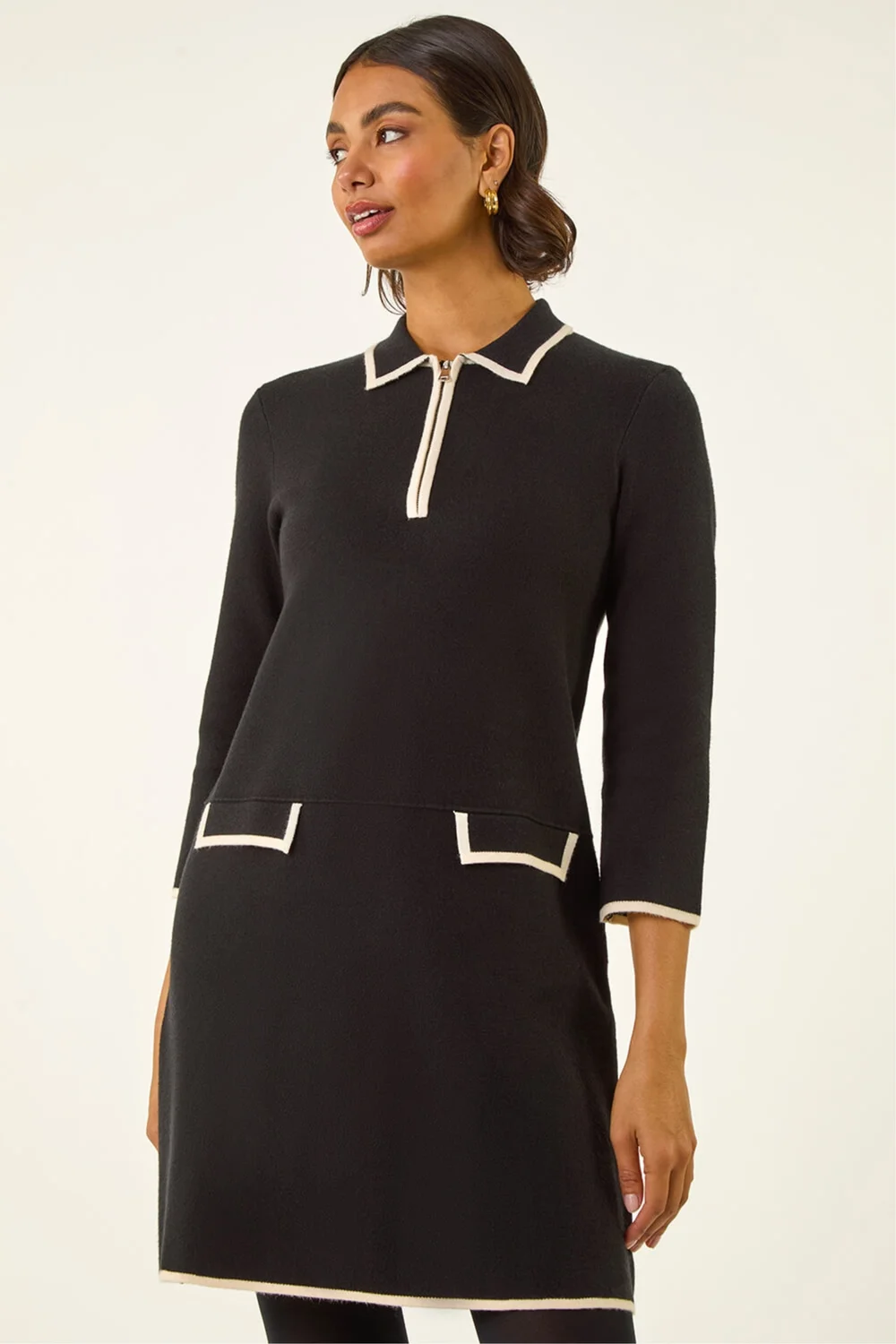 Roman Black Contrast Zip Collared Knit Dress - 16 Image 2