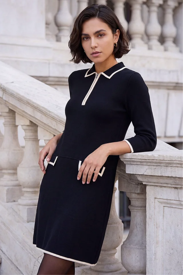 Roman Black Contrast Zip Collared Knit Dress