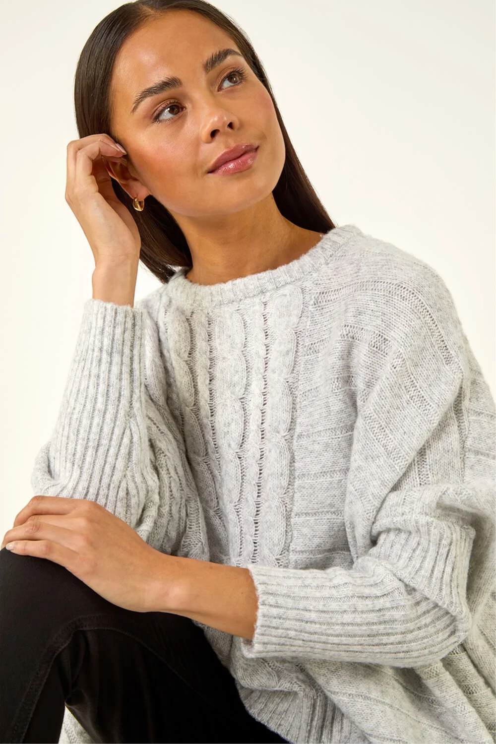 Roman Grey Petite Contrast Cable Knit Jumper - S Image 2